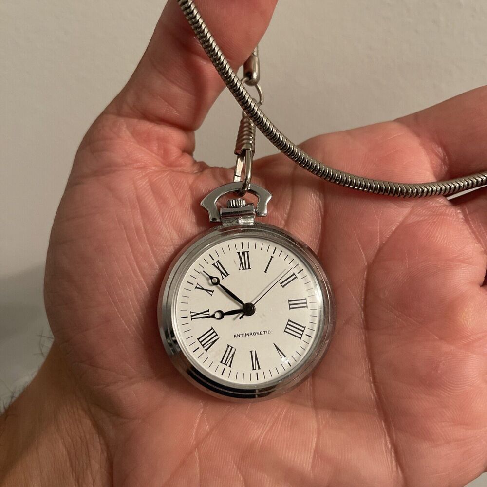Vintage Antimagnetic Watch Silver Tone White Dial 40mm Manual Wind WORKS🔥